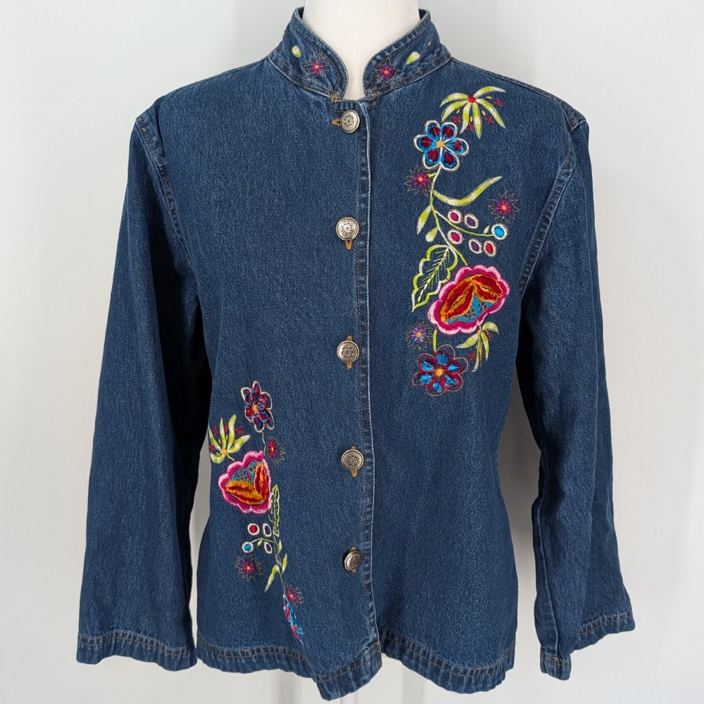 Vintage 90s New Directions Blue Red Green Floral Embroidered Jean Jacket Large